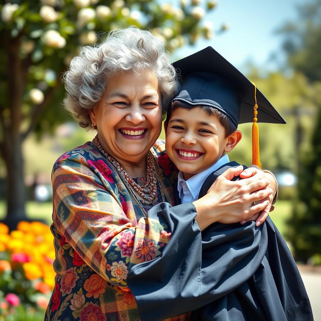 A heartwarming scene featuring an elderly woman with curly hair warmly embracing a young boy wearing a graduation cap