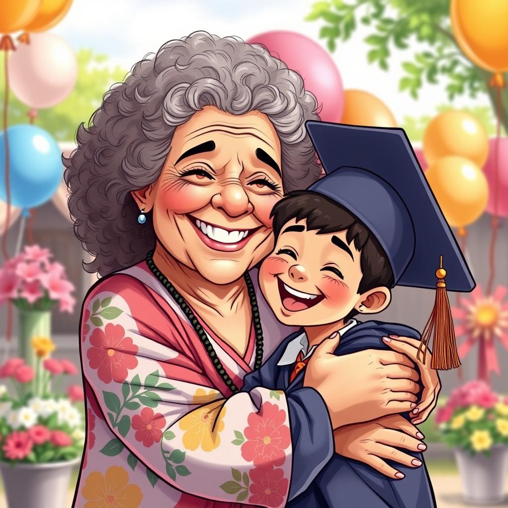 A heartwarming illustration of an elderly woman with curly hair, joyfully embracing a young boy who is wearing a graduation cap