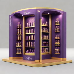 A 240x160x150 cm Cadbury stand fusing smart design with Ramadan allure. It features Islamic-inspired shapes, glass panels, and soft lighting embracing shelves adorned with Ramadan lanterns, signifying a tantalizing blend of innovation and chocolate indulgence.