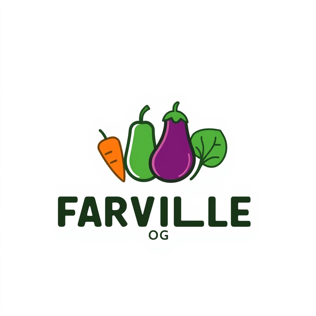 A minimalist logo design featuring a Farming Game concept, incorporating simplified and stylized images of a carrot, chili pepper, eggplant, and spinach vegetables