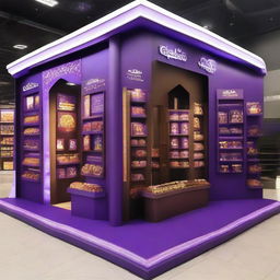 A 240x160x150 cm Cadbury stand fusing smart design with Ramadan allure. It features Islamic-inspired shapes, glass panels, and soft lighting embracing shelves adorned with Ramadan lanterns, signifying a tantalizing blend of innovation and chocolate indulgence.