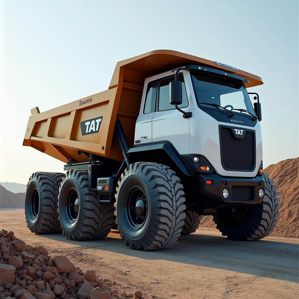A highly realistic depiction of a robust electric dump truck with six heavy-duty wheels