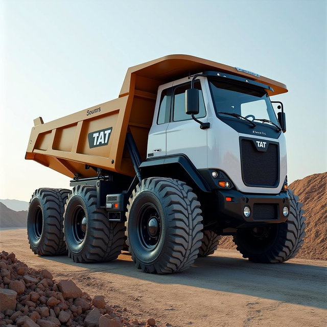 A highly realistic depiction of a robust electric dump truck with six heavy-duty wheels