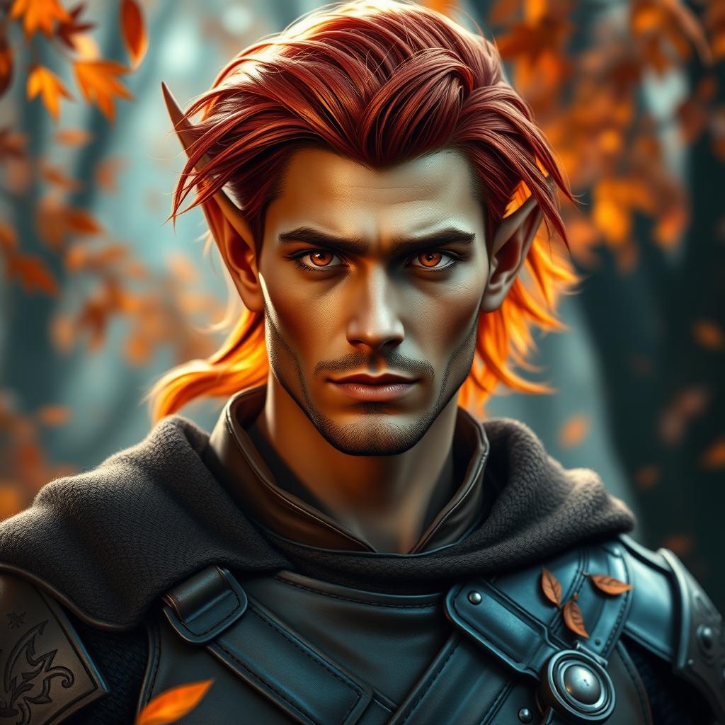 A striking male autumn elf in his late 30s, featuring elegantly pointed ears and vibrant orange eyes that glisten with intensity