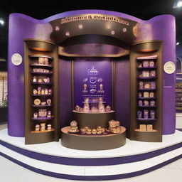 A 240x160x150 cm Cadbury stand fusing smart design with Ramadan allure. It features Islamic-inspired shapes, glass panels, and soft lighting embracing shelves adorned with Ramadan lanterns, signifying a tantalizing blend of innovation and chocolate indulgence.