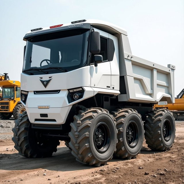 A robust electric dump truck with six heavy-duty wheels, showcasing a striking white cabin