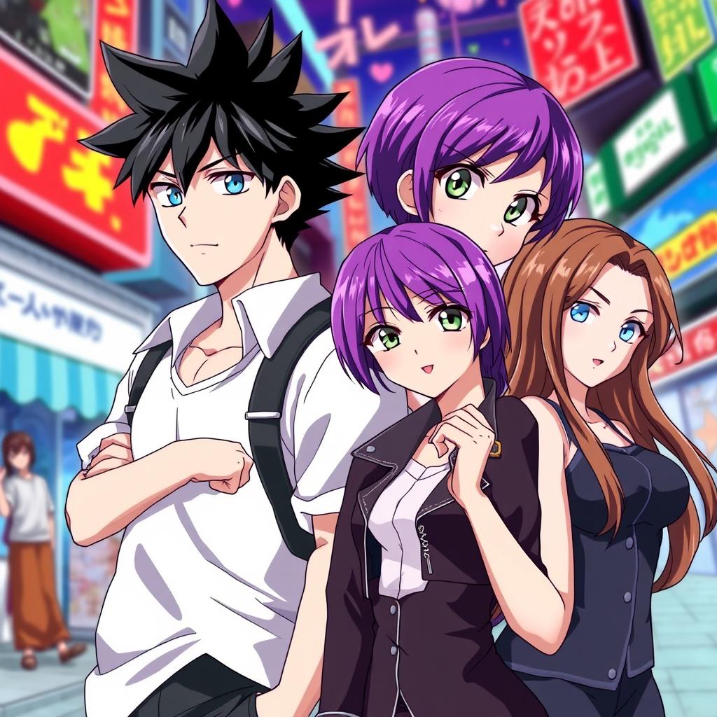 Four characters in anime style: a man with spiky black hair and striking blue eyes, standing confidently; another man with short brown hair and warm brown eyes, wearing a casual outfit; a woman with vibrant short purple hair and bright green eyes, dressed in a stylish outfit; and a woman with long flowing brown hair and stunning blue eyes, elegantly posed