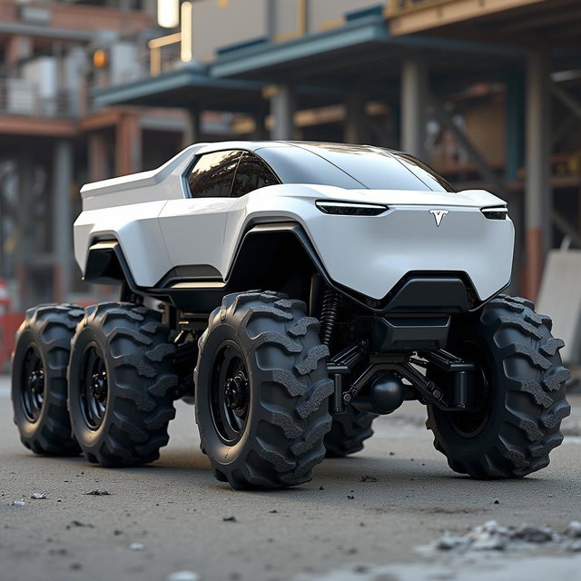 A futuristic electric dump truck inspired by the Tesla Cybertruck design, featuring six robust wheels and a striking white cabin