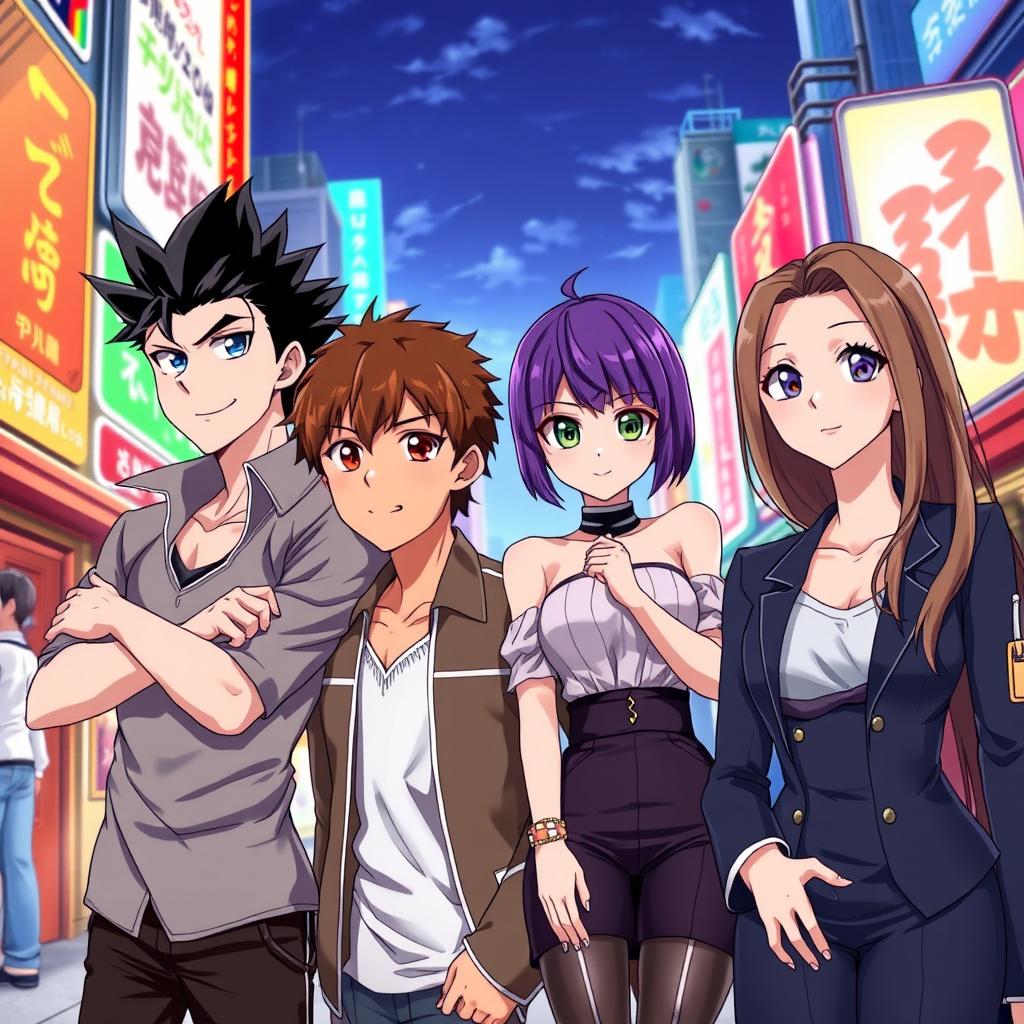 Four characters illustrated in anime style: a man with spiky black hair and piercing blue eyes, confidently posing; a man with short brown hair and warm brown eyes, dressed casually; a woman with striking short purple hair and vibrant green eyes, wearing a fashionable outfit; and another woman with beautiful long brown hair and captivating blue eyes, standing elegantly