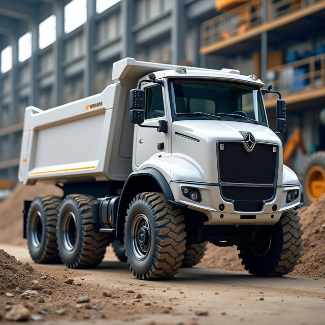 A detailed electric dump truck featuring six sturdy wheels and a robust white cabin designed for heavy-duty performance