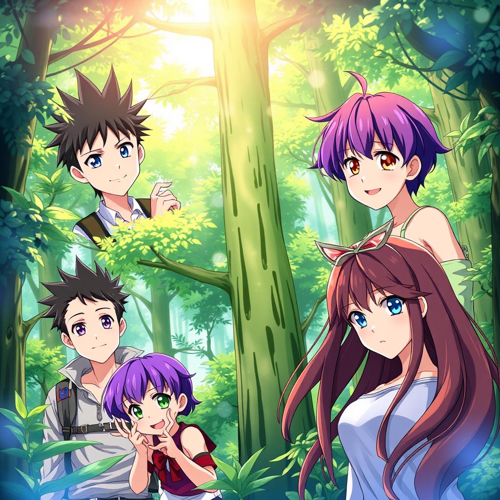 Four characters illustrated in anime style set in a lush forest: a man with spiky black hair and striking blue eyes, looking adventurous; a man with short brown hair and warm brown eyes, casually exploring; a woman with vibrant short purple hair and bright green eyes, interacting joyfully with nature; and another woman with long flowing brown hair and captivating blue eyes, standing gracefully among the trees