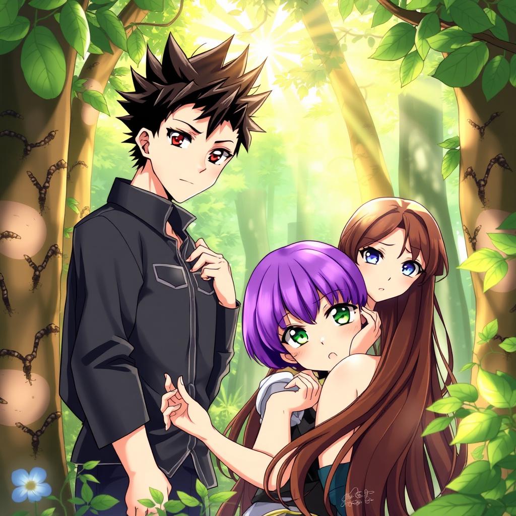 Four characters illustrated in anime style within a serene forest: a man with spiky black hair and striking blue eyes, exuding confidence; a man with short brown hair and warm brown eyes, looking thoughtful; a woman with vibrant short purple hair and bright green eyes, playfully interacting with the surrounding nature; and another woman with long flowing brown hair and captivating blue eyes, gracefully posing among the trees