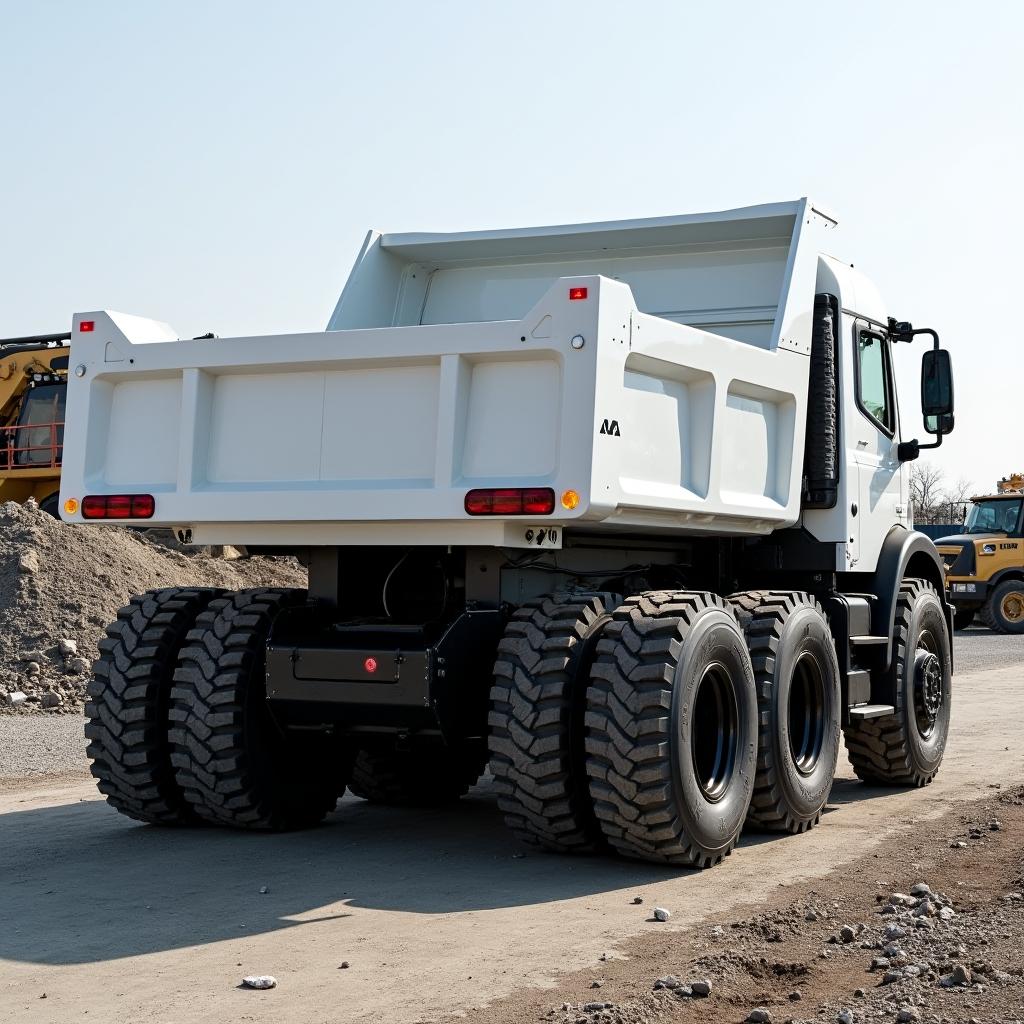 A striking back view of a heavy-duty electric dump truck with six large wheels, showcasing a sleek white cabin