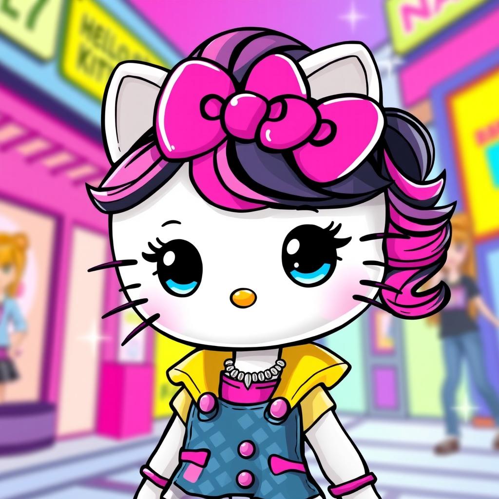 A whimsical fusion of Hello Kitty and Bratz doll styles, featuring a character with Hello Kitty's signature bow and iconic cat ears, dressed in a trendy, colorful outfit in the style of Bratz dolls