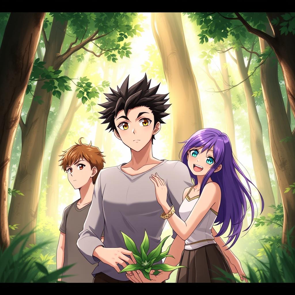 Four characters illustrated in anime style within a serene forest: a man with spiky black hair and striking blue eyes positioned at the center, exuding confidence; to his left, a man with short brown hair and warm brown eyes, looking contemplative; to his right, a woman with vibrant short purple hair and bright green eyes, expressing joy as she interacts with the greenery; and beside her, another woman with long flowing brown hair and captivating blue eyes, standing gracefully