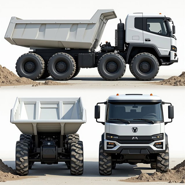 A highly detailed electric dump truck with six sturdy wheels and a striking white cabin, showcased from multiple perspectives: back view, lateral view, front view, and aerial view