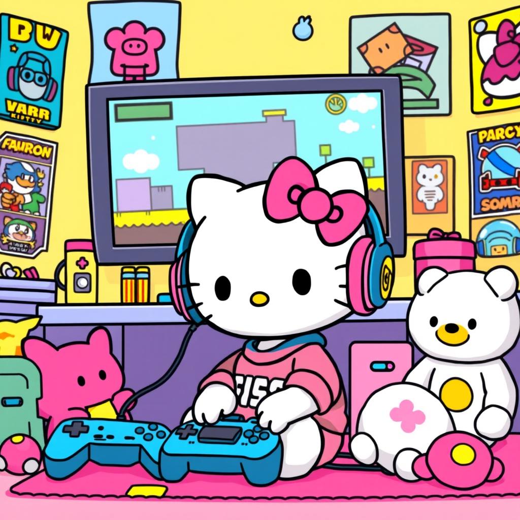 A cute and vibrant illustration of Hello Kitty as a gamer
