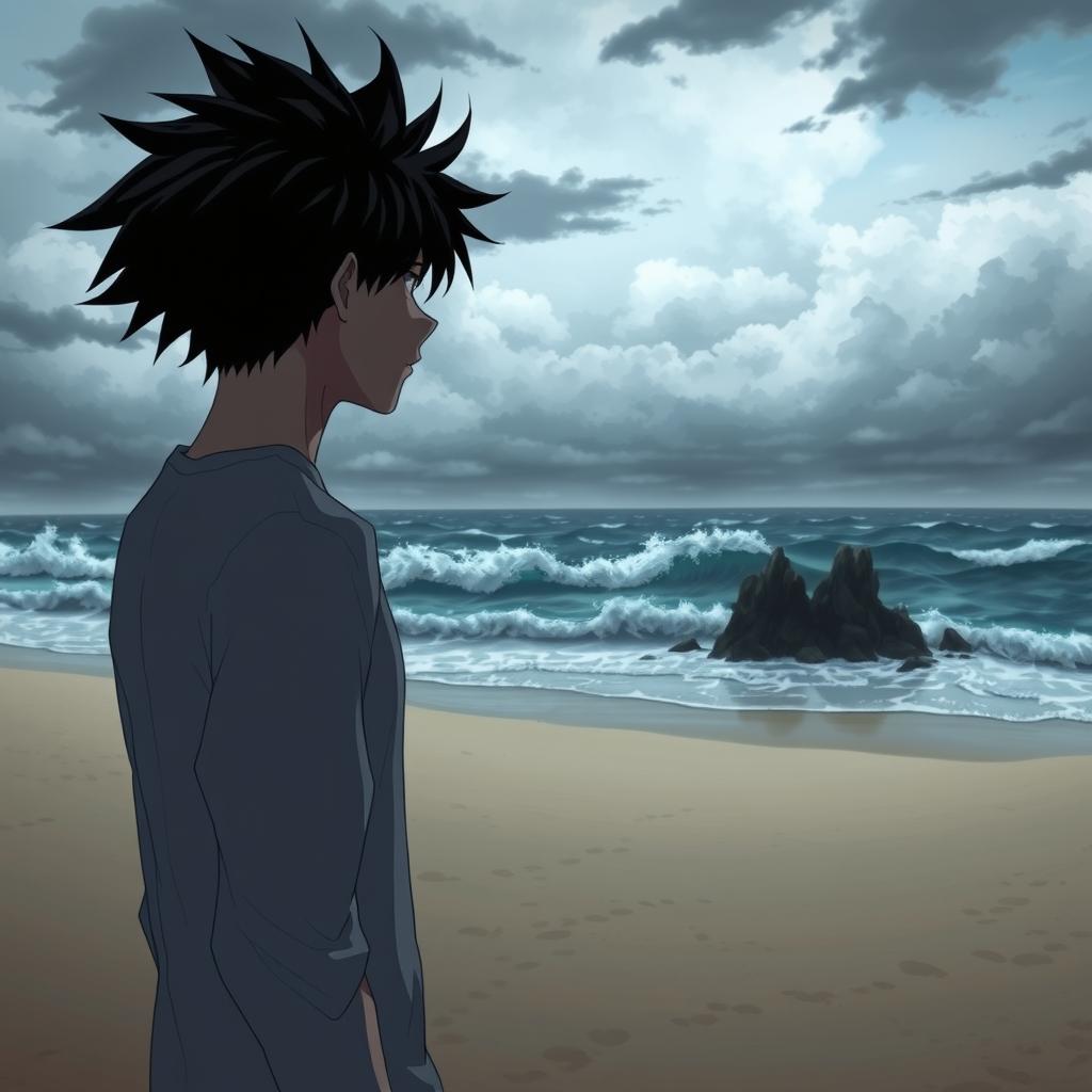 A lone man with black spiky hair, depicted in a dark anime style, standing on a sandy beach as he gazes out at the vast, turbulent sea