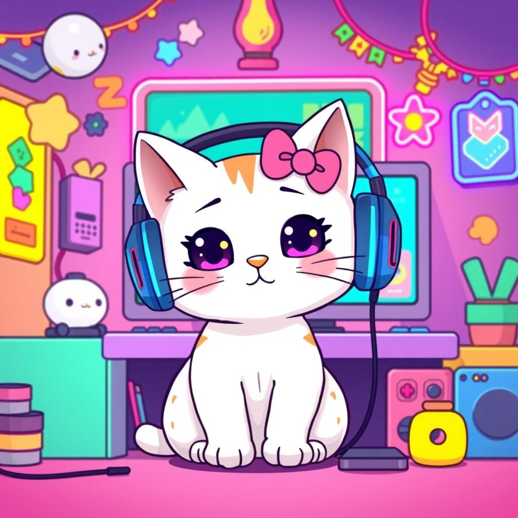 A whimsical illustration featuring a cute anthropomorphic cat with a big head and exaggerated features, inspired by the classic Hello Kitty aesthetic