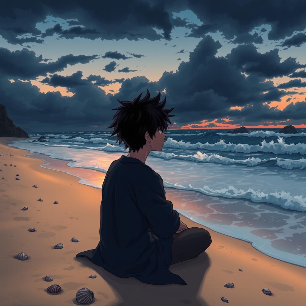A man with black spiky hair, illustrated in a dark anime style, sitting down on a sandy beach as he gazes contemplatively out at the crashing waves of the sea