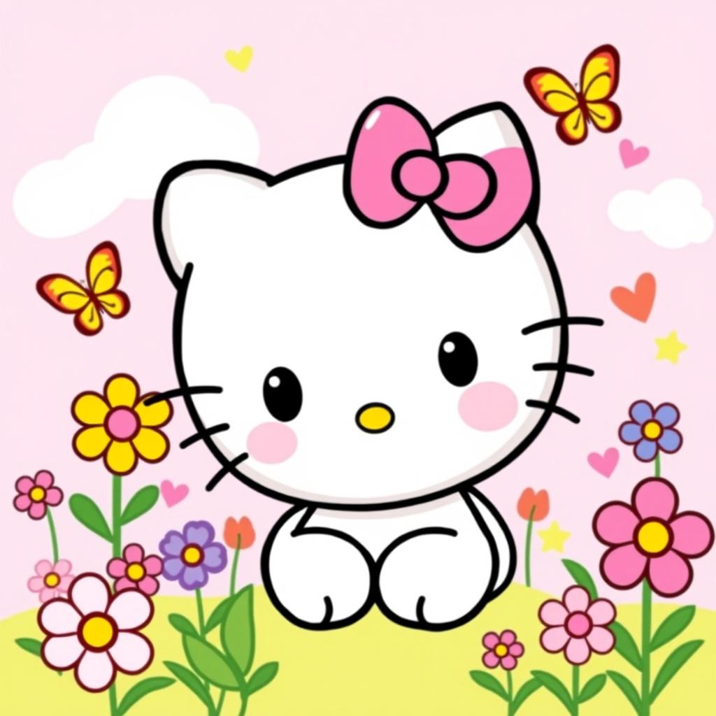 A cute illustration of a Hello Kitty character, featuring her iconic design with a pink bow on her left ear, a happy smile, and whiskers