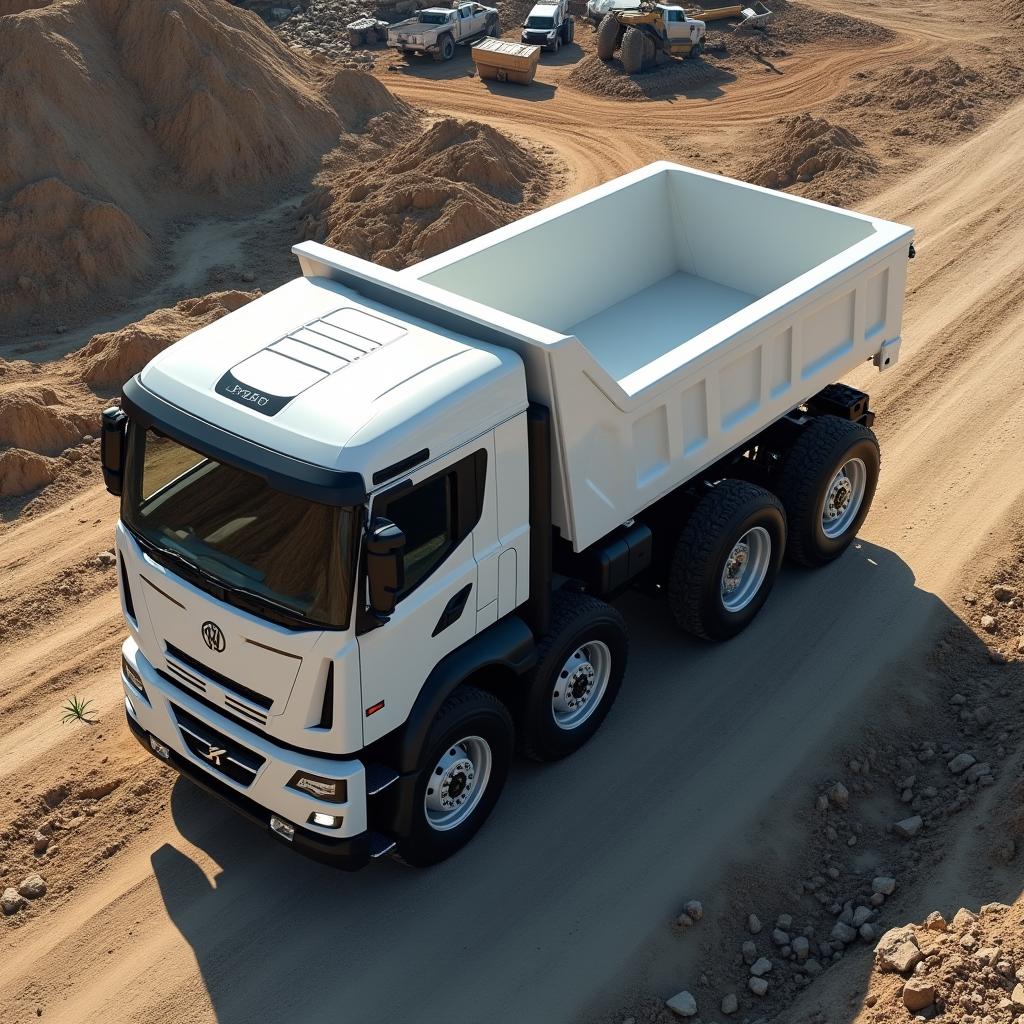An aerial view of a heavy-duty electric dump truck featuring six robust wheels and a sleek white cabin