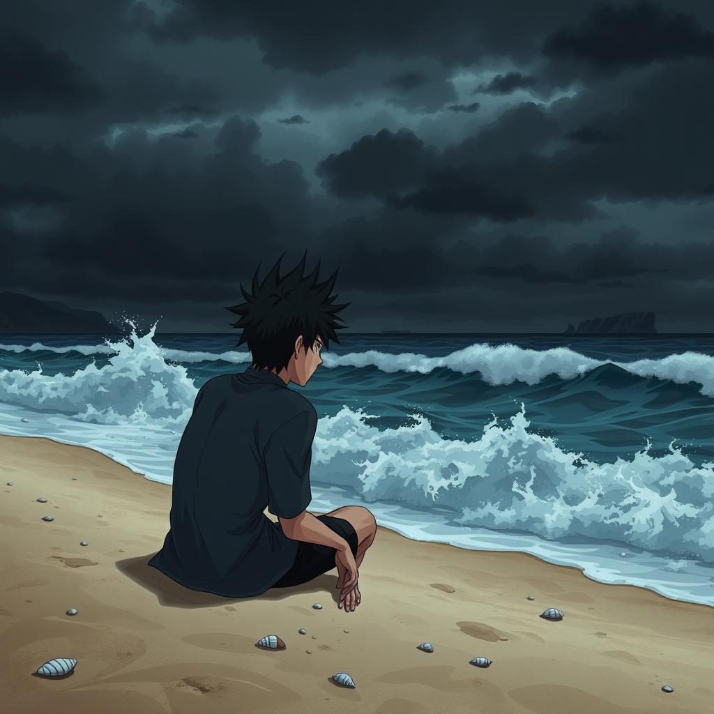 A man with black spiky hair, depicted in a dark anime style, sitting on the sandy beach, gazing contemplatively out at the vast, turbulent sea