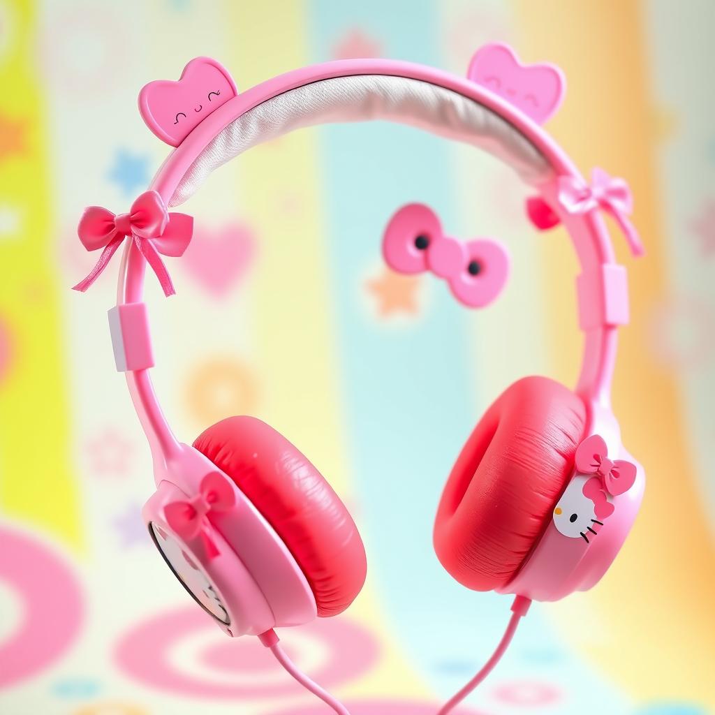 A cute and whimsical Hello Kitty-themed headset, featuring a bright pink color with Hello Kitty's iconic face displayed on the ear cups