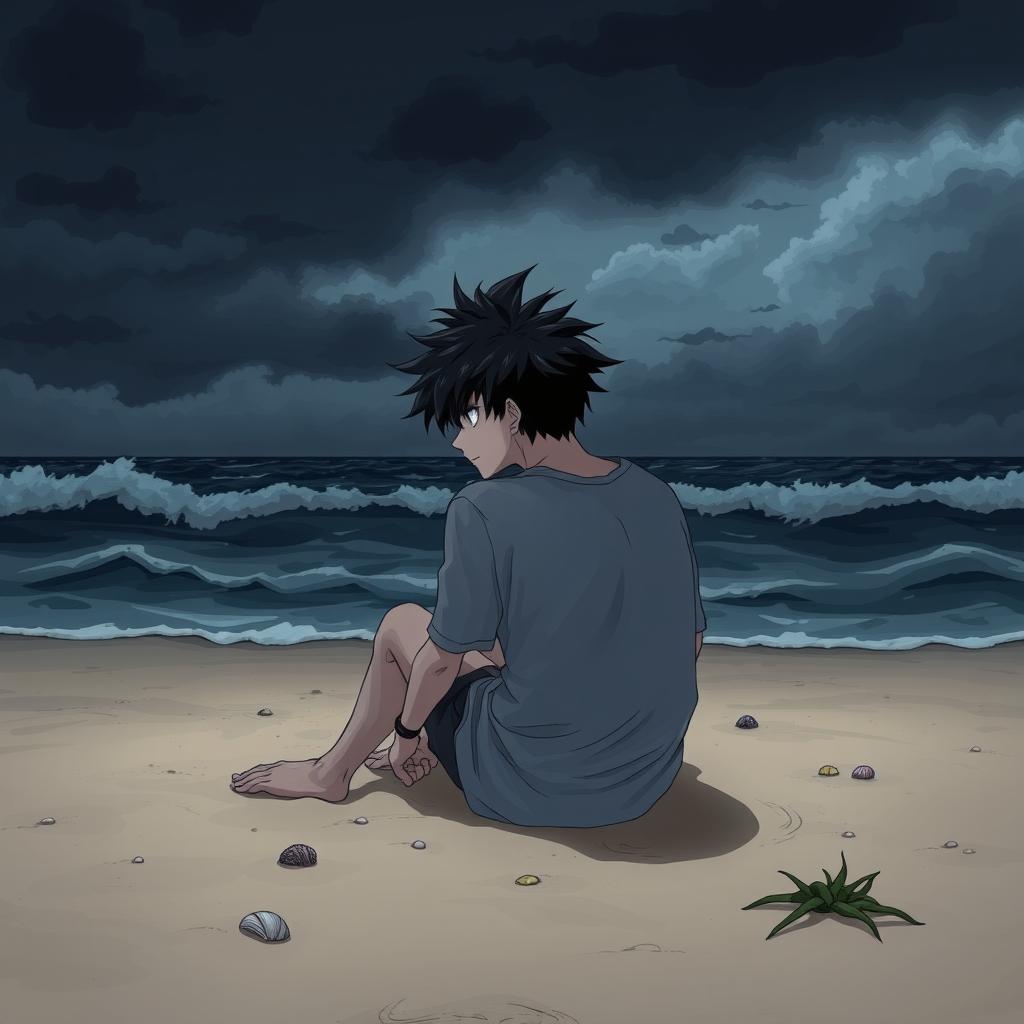 A man with black spiky hair, illustrated in a dark anime style, sitting on a sandy beach, looking thoughtfully out at the sea