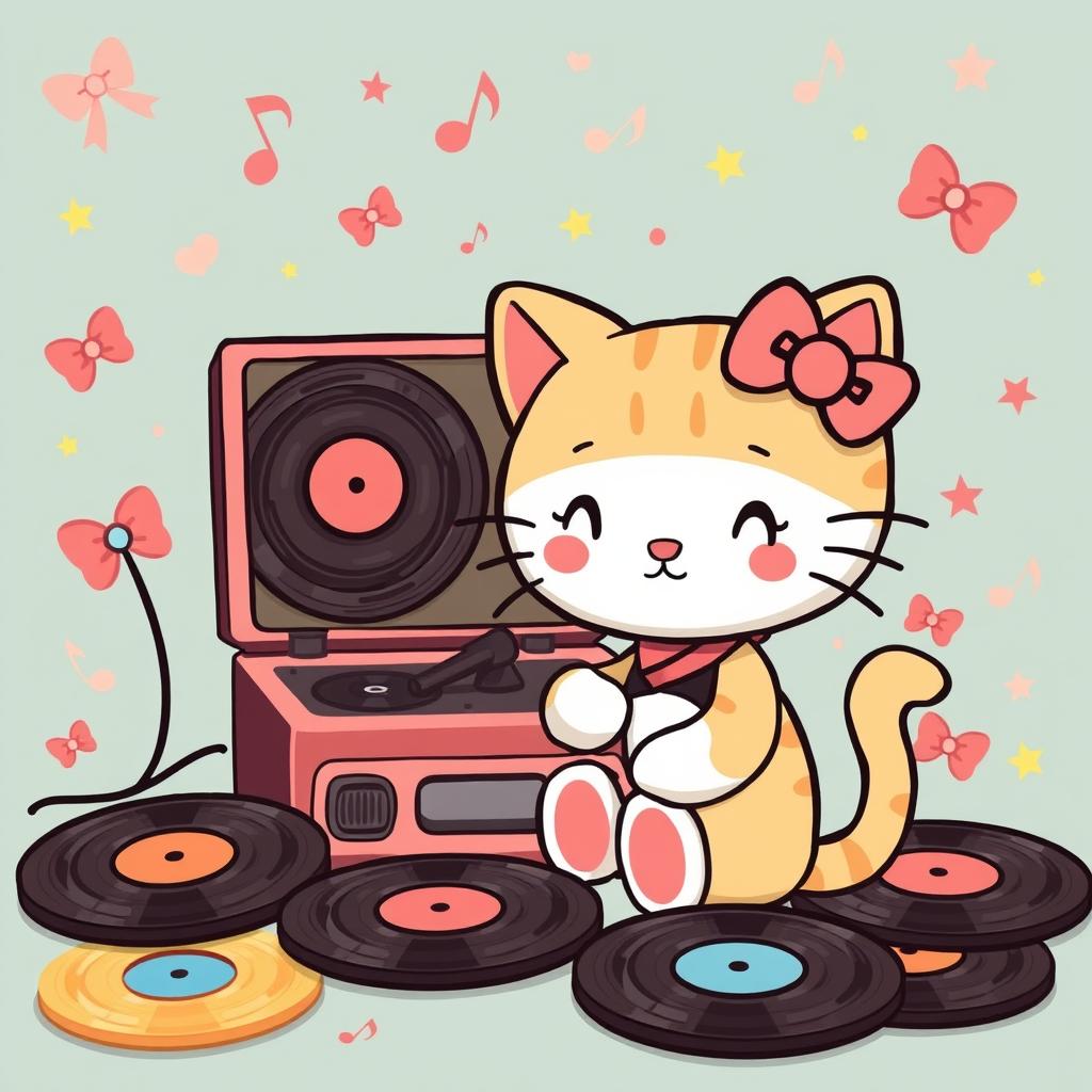 A whimsical illustration featuring a cartoon cat with a large head and round face, resembling a character inspired by Hello Kitty