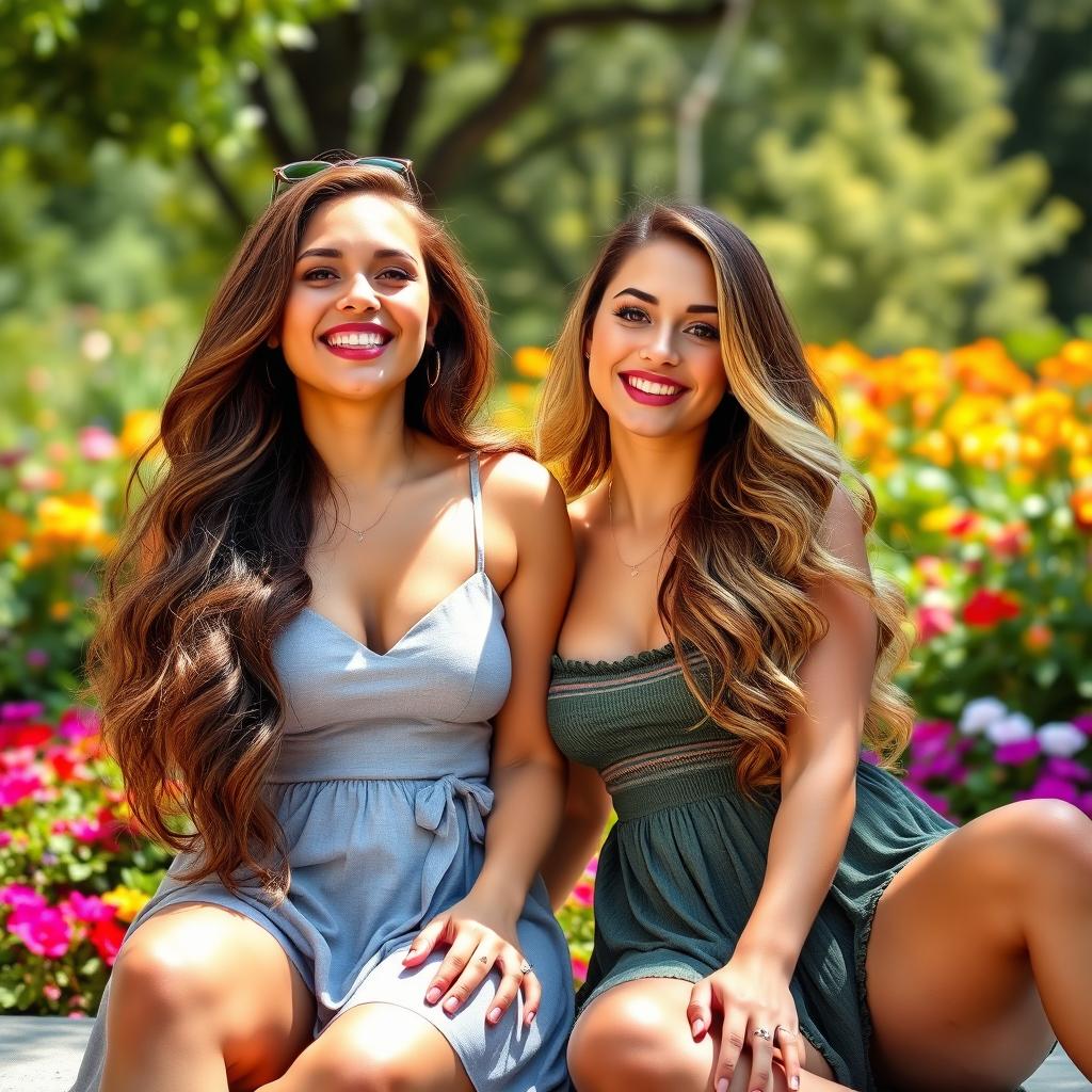 A portrait of two beautiful, curvy girls sitting together in a sunny park