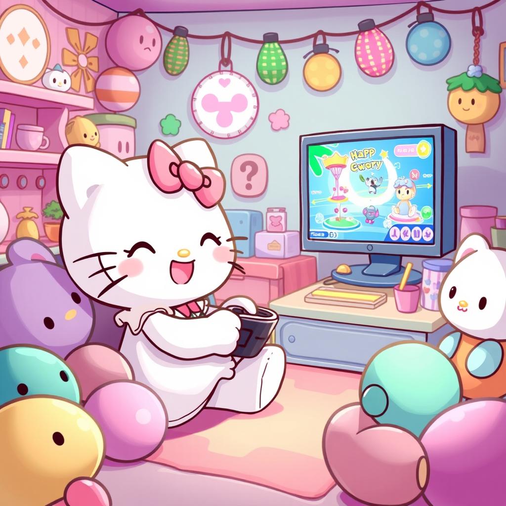 A cute and whimsical illustration of a character resembling Hello Kitty, joyfully playing a video game in a cozy colorful room filled with toys and decorations, surrounded by vibrant plushies, and a comfy gaming setup with a large screen displaying a colorful game world