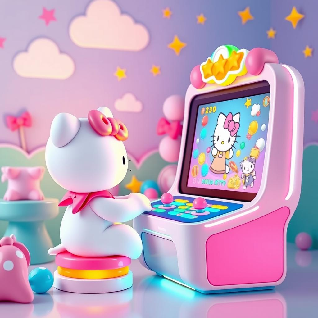 A whimsical scene featuring Hello Kitty, the iconic white cat with a bow, sitting at a colorful gaming setup