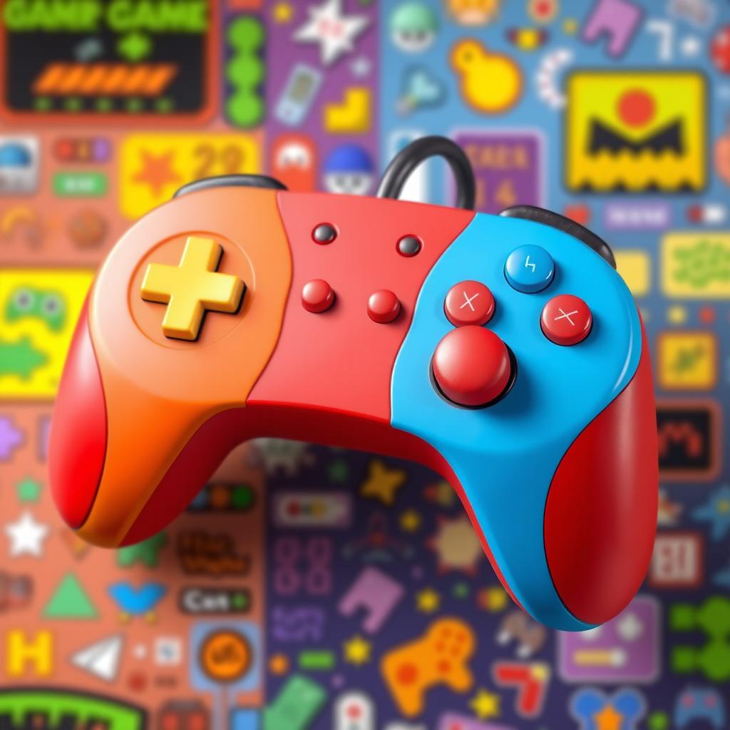 A colorful cartoon-style game controller with large buttons, a whimsical design featuring bright primary colors like red, blue, and yellow