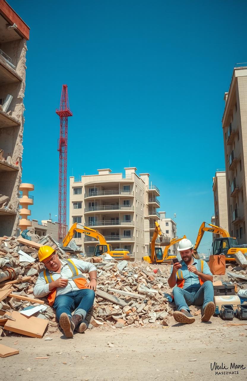 A humorous scene showing a group of lazy demolition workers lounging around on the job site, surrounded by half-demolished buildings and construction equipment