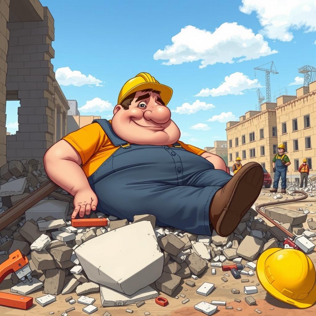 A comedic illustration of a lazy, overweight demolition worker sitting around all day at a construction site, with a large, round nose and a relaxed expression