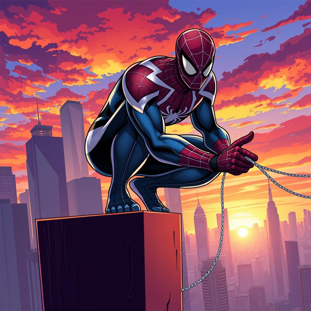 A dynamic illustration of a superhero wearing a spider-themed costume, crouching on a skyscraper ledge in a vibrant cityscape at sunset