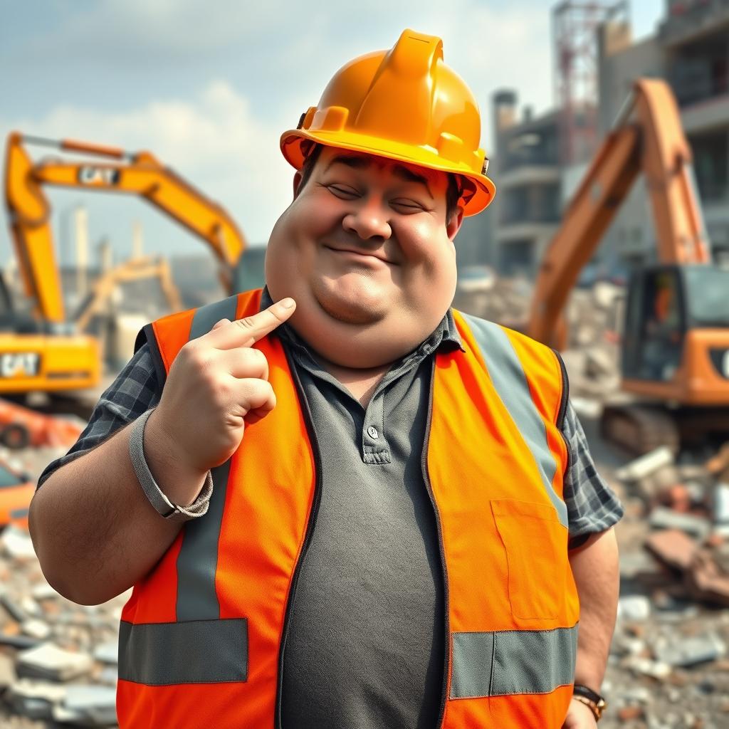 A humorous scene depicting a chubby demolition worker, casually dressed in a bright orange safety vest and hard hat, nonchalantly picking his nose