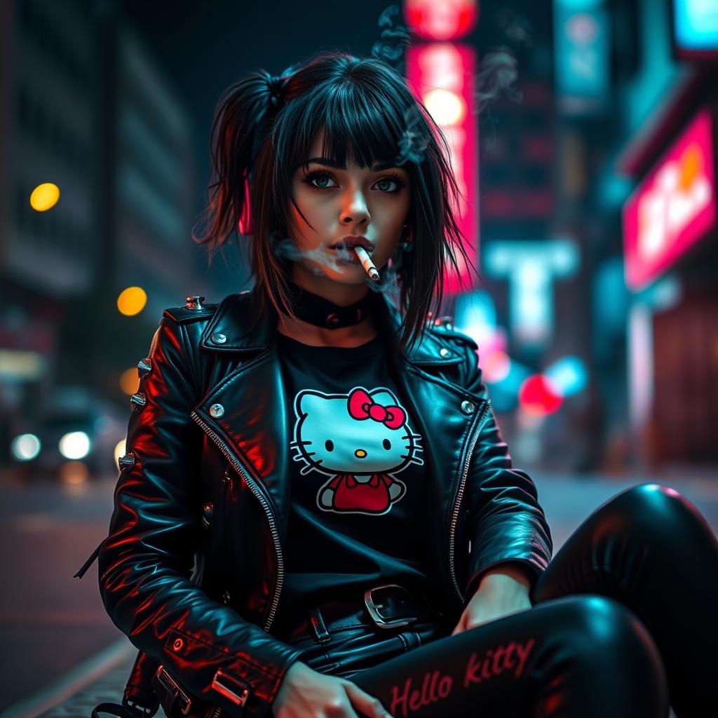 A striking scene featuring a stylish female character dressed in edgy goth attire, inspired by the concept of a dark, edgy interpretation of Hello Kitty