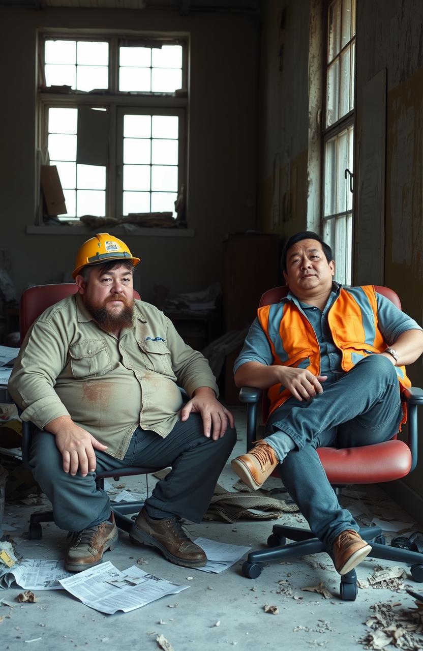 A scene depicting two lazy construction workers sitting inside an abandoned office, surrounded by dust and discarded materials