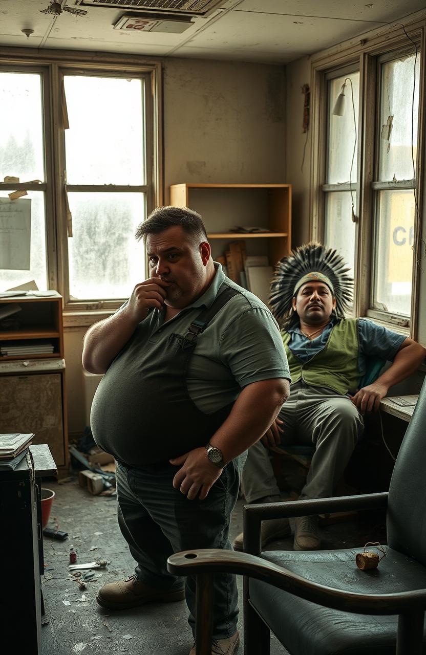A scene depicting two construction workers inside an abandoned office