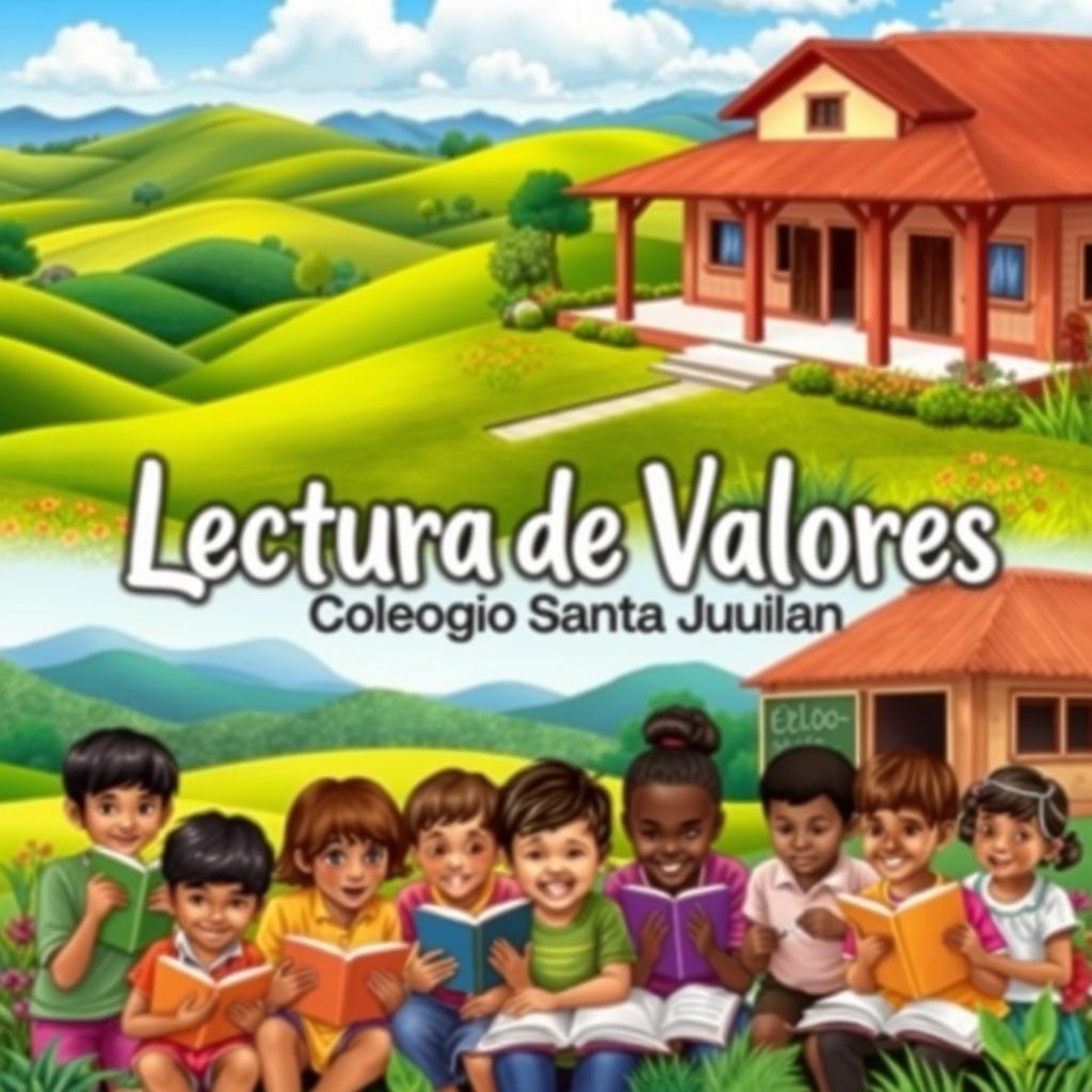 A vibrant and engaging cover for an educational booklet showcasing value readings for a rural school in Villa Garzón, Putumayo, specifically for Santa Juliana School