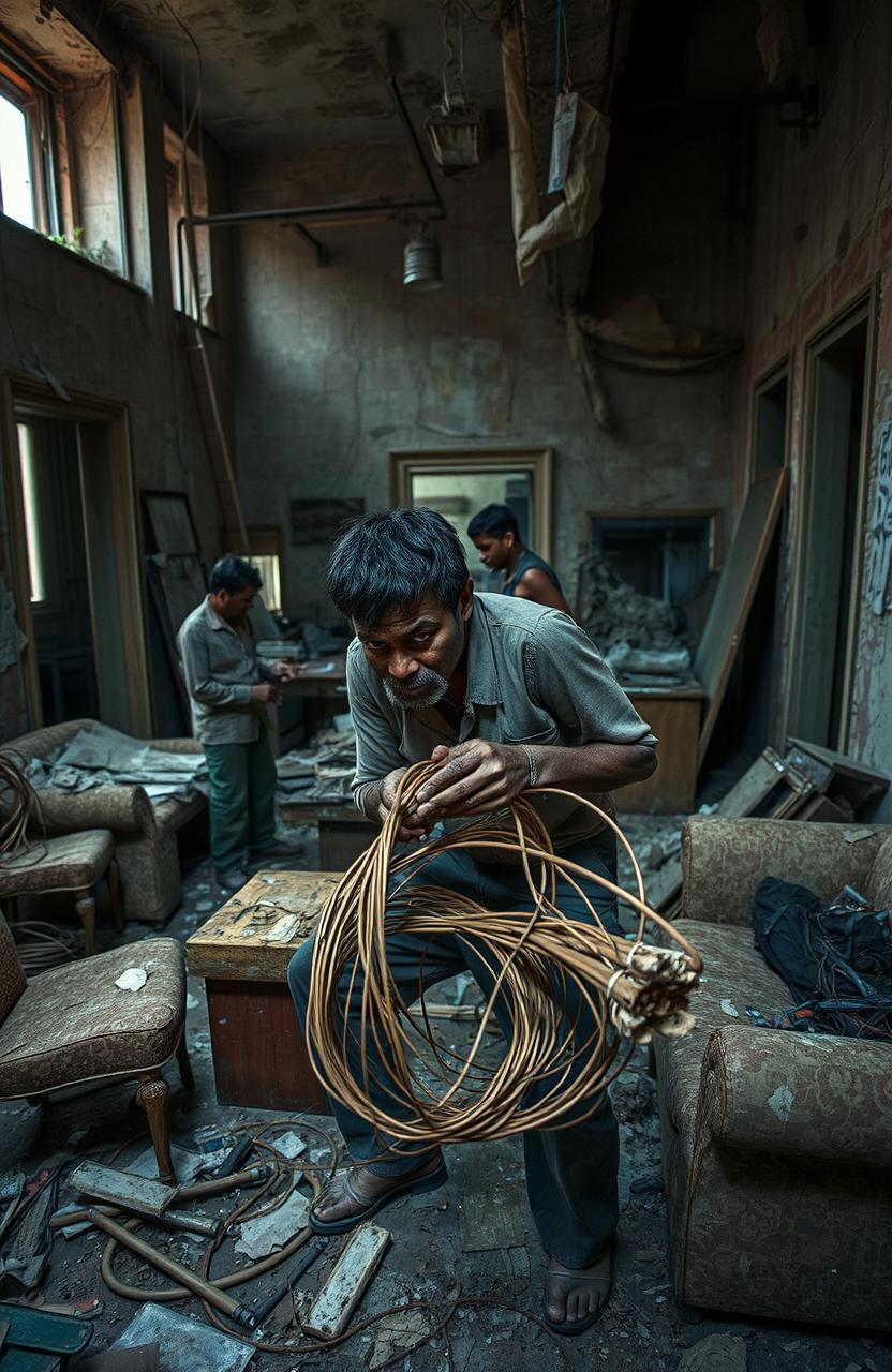 A gritty scene depicting a group of crackhead workers engaged in demolition work inside an abandoned office building