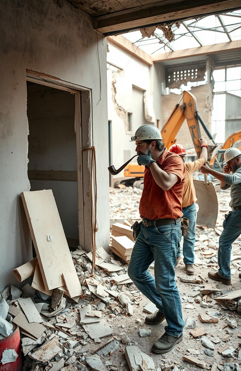A gritty demolition site of an old office building with construction workers in action