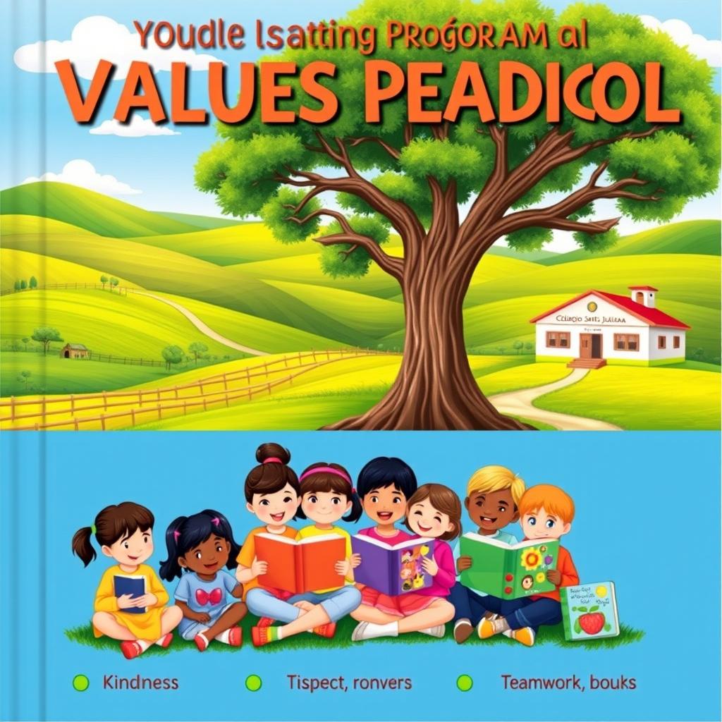 A vibrant and engaging cover design for a values reading program at a rural school, specifically Colegio Santa Juliana