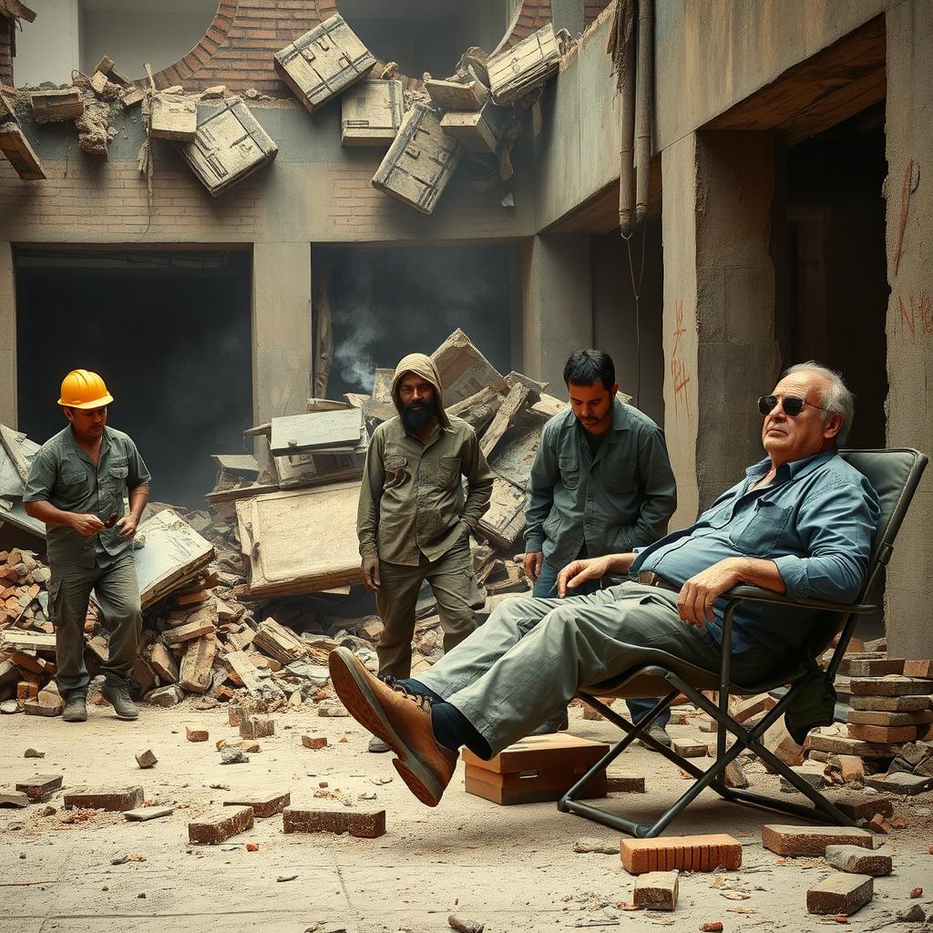 A gritty scene featuring demolition workers pulling down debris from a crumbling old office building