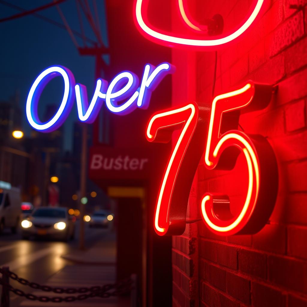 An artistic representation of a neon sign with the text "Over 75" prominently displayed