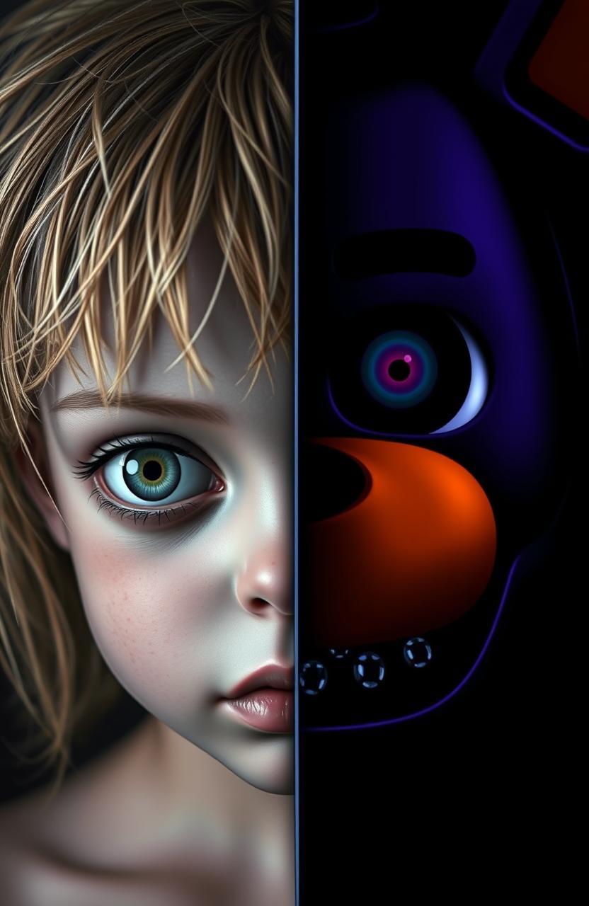 A striking split image featuring two faces: on the right side, a robotic face inspired by the character from Five Nights at Freddy's, with purple and dark orange colors, showcasing only half of its face, blending menacing and cartoonish elements