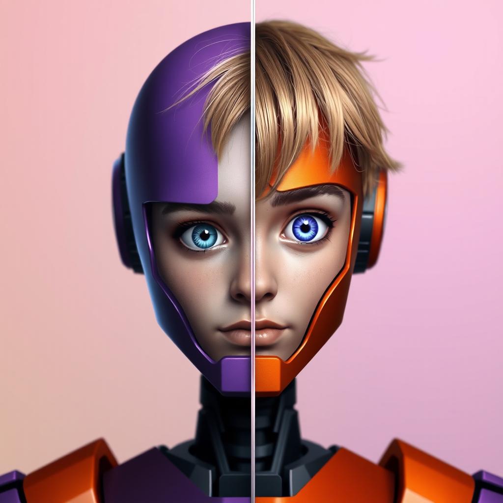 On the right side, a robot character inspired by Sundrop, depicted with a color palette of purple and dark orange, featuring only the right half of its face