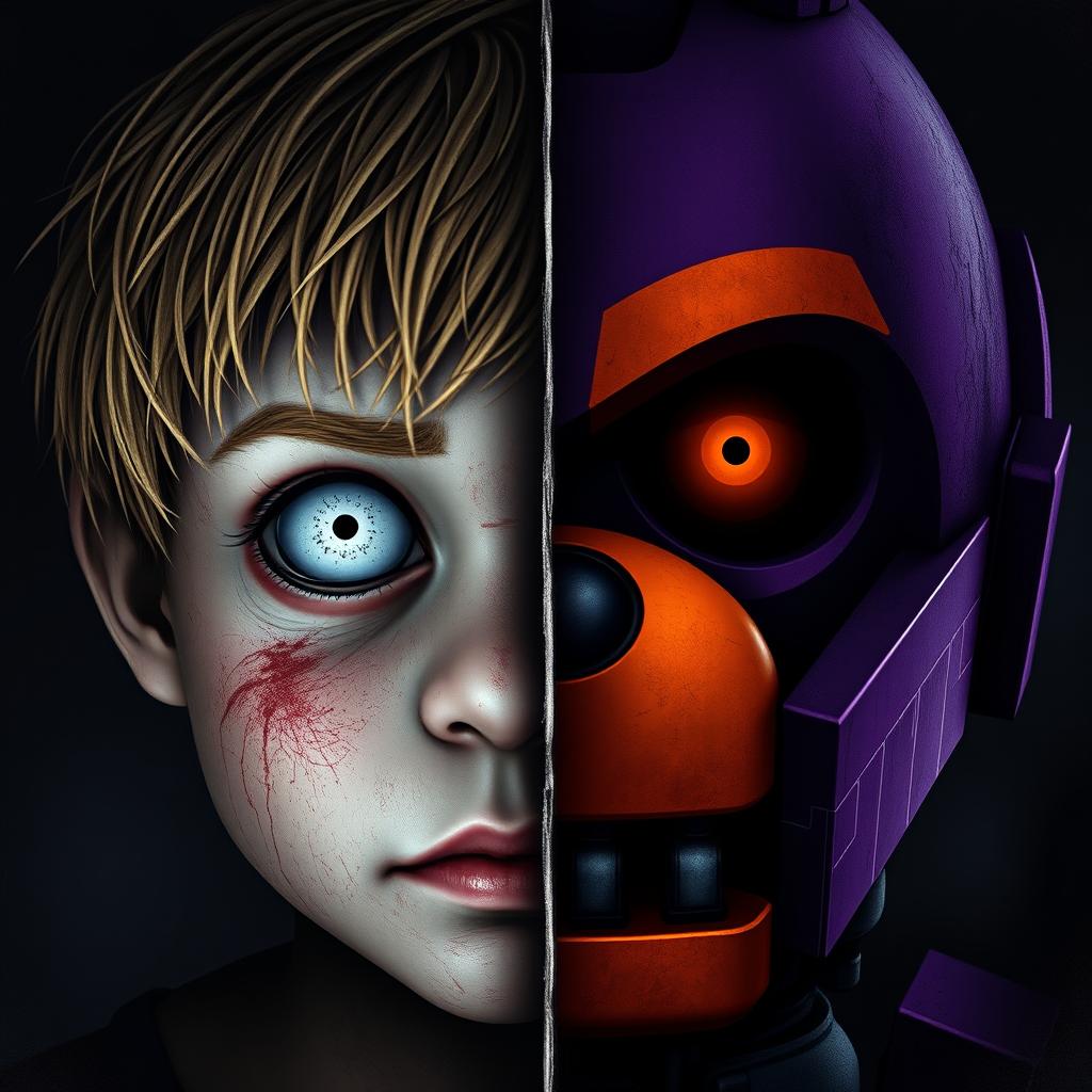 An artistic representation split down the middle: on the left side, a small human face with dirty blond hair, featuring scars and completely white eyes with no color, conveying a sense of intensity and emotion
